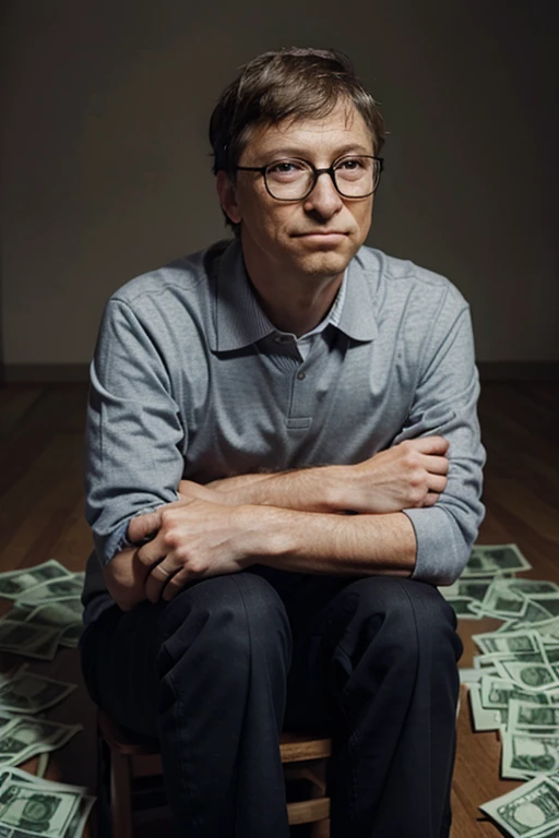 Realistic photo of bill gates sitting on a bunch of cash