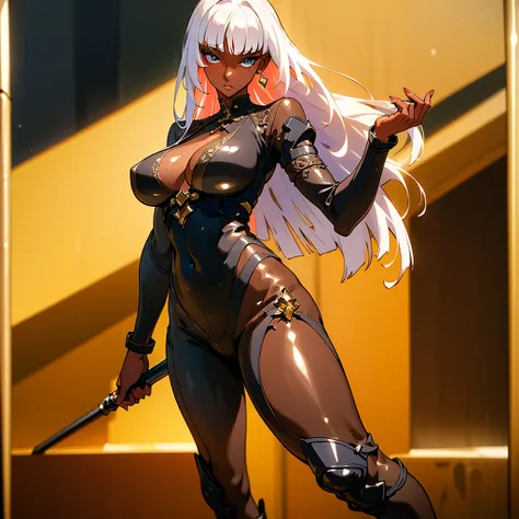 (Warrior Witch), (((masterpiece))), (((best quality))), (masterpiece: 1.3), ((16k, .RAW, sharp focus, Best detail, vibrant color strokes)) , ((8k)), ((ultra-detailed)), ((detailed face)), (1 dark-skinned human female: 1.2), (white hair 1.3), (((Heterochrom...