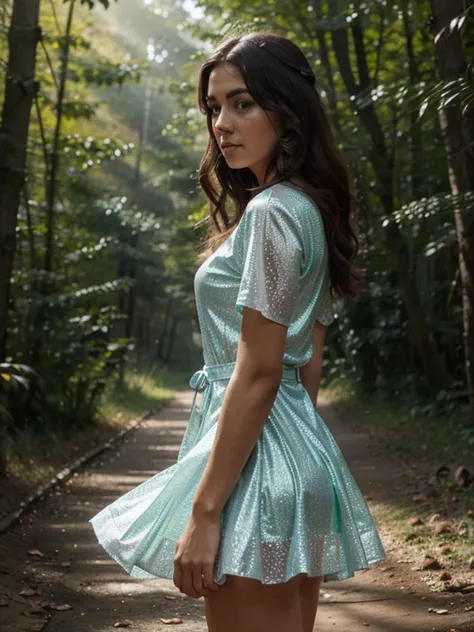 Woman wearing a dress with glittering, multicolored wings standing in a sunlit forest, surrounded by a swirl of glowing magical butterflies.ultradetail,10K, hyperrealistic, cinematic