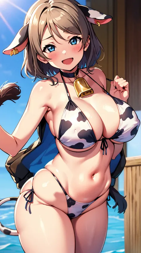 masutepiece, Best Quality, 1girl in, Akira Watanabe, Looking at Viewer, Smile, Open mouth, Bangs, Blue eyes, Hair Ornament, Large Full Breasted,  　(One guy、Man behind,Inserted from behind、doggystyle)+++++++  tie front bikini top, cow print, cow ears, cow h...