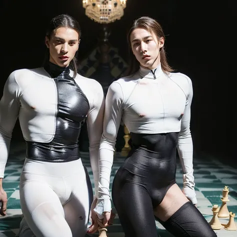 (2 males, empty background, chessboard floor, human chess, white pawn kills black king, males in skintight bodysuits representing their respective chesspieces:1.5)