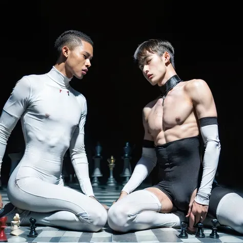 (2 males, empty background, chessboard floor, human chess, black pawn kills white king, males in skintight bodysuits representing their respective chesspieces:1.5)