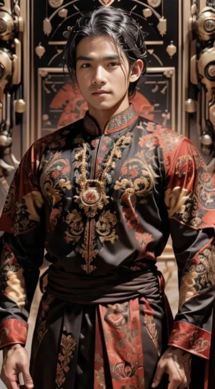 Handsome man Raden, realistic, brown eyes, Black hair, Javanese traditional dress, red batik