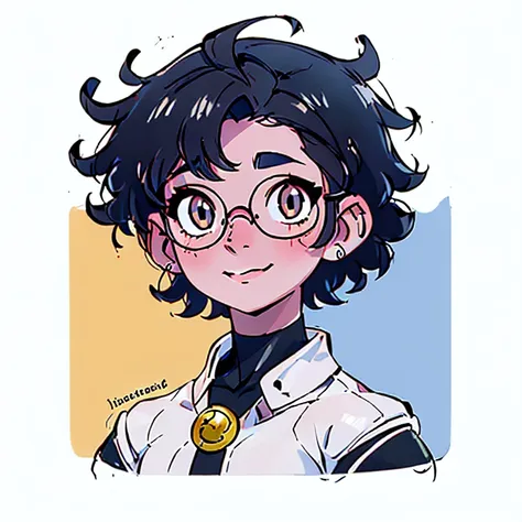 smiling, curly hair, short hair, glasses, white skin, looking in the mirror, black and white colors, boy 
nose and mouth of a bl...