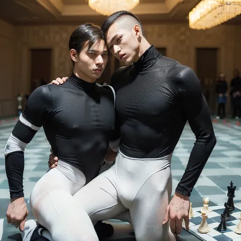 (2 males, empty background, chessboard floor, human chess, black pawn kills white king, males in skintight bodysuits representing their respective chesspieces:1.5)