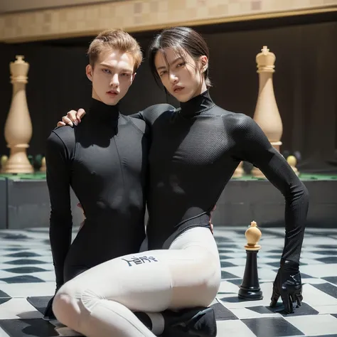 (2 males, empty background, chessboard floor, human chess, black pawn kills white king, males in skintight bodysuits representing their respective chesspieces:1.5)