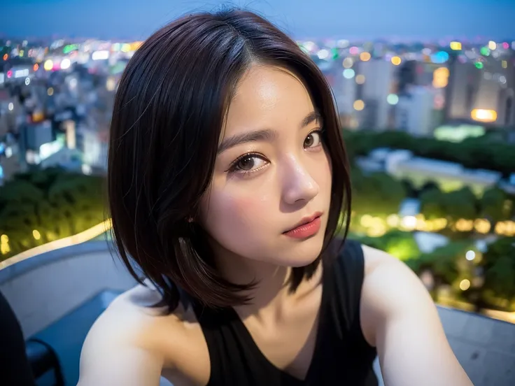 (1girl:1.8),  jolly, upturned eyes, analog style, model shoot style, (selfie:1.8), (Tokyo city background:1.8), (cute face: 1.8, perfect face:1.3), (short hair:1.4, pale skin:1.5), (from above:1.4), best quality, (sony a7, 50mm, pores:1.5, colors, hyperdet...