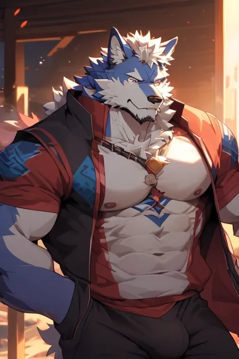 (Best quality at best, A high resolution:1.2), Artistically, Delicate fur, Alone, 詳細な目, 詳細な目, Male Wolf, Blaze character, (Body close-up), large pecs, Front view, exhausted face, large bulge