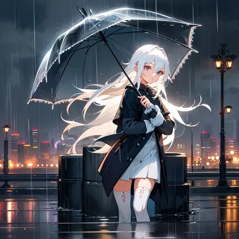 ,twins,white hair,stockings,mature female,rain,night city