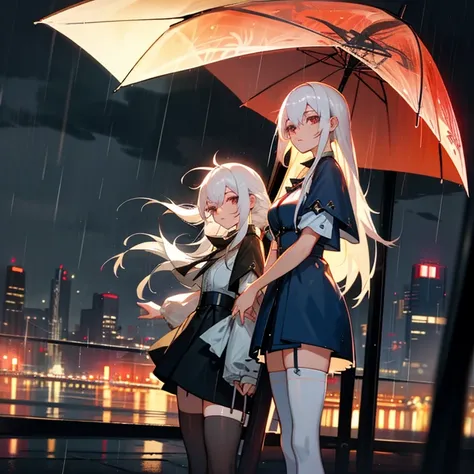 ,twins,white hair,stockings,mature female,rain,night city