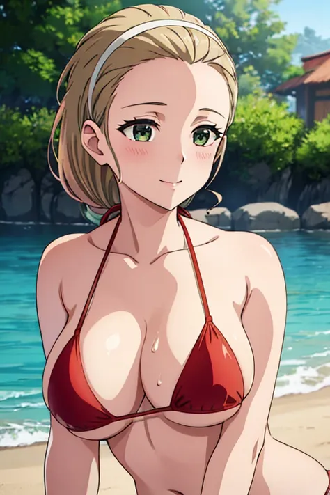 (masterpiece, top-quality, detaile, hight resolution, extremely delicate and beautiful, anime screen cap, anime colours, 8k, photorealistic), (red Micro Bikini:1.5), (huge drooping breasts:1.5, cleavage:1.5), from front:1.5, akebi sasaki, hairband, 1girl, ...