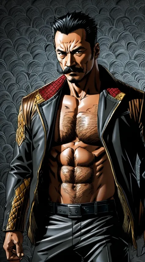 50 years old，Hidetoshi Nakata ，（Kogoro Mouri 1.3), man in kraven outfit, tong, mustache, little beard, kraven jacket marvel, short hair, drawing style picture, wallpaper quality, super detail, masterpiece, 4k hd, 8k hd, 16k hd