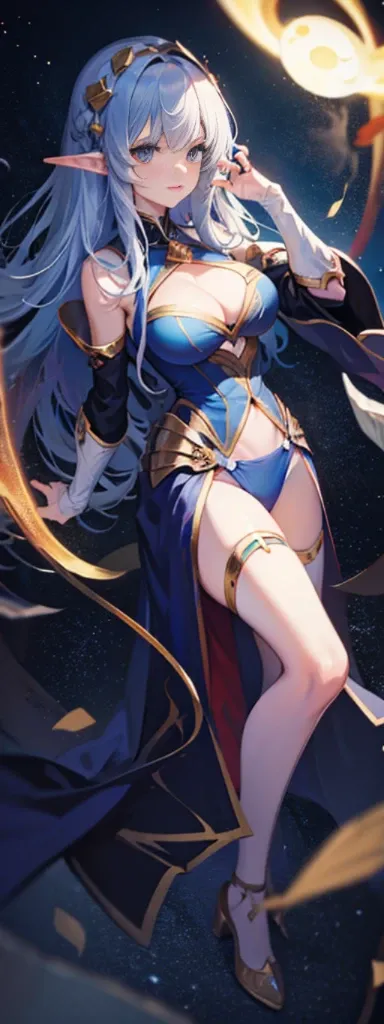 the hair，Nice face，blue bikini armor，Heterochromatic pupil，fully body photo，half moon，under moonlight，(tmasterpiece:1.1),(Best quality:1.1),(HighDynamicRange:1),ambient light,Super girl, mystical elf, looking into crystal ball, holding mysteries, showing a...