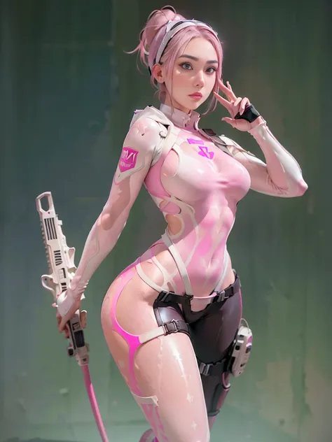 1 girl, bulletproof mask, (Luxury pink and white latex Bodysuit:1.4), high heeled boots, gloves, (((Full body))), ponytail hair, tactical gear, M16 assault rifle, Sharp focus, fishnets, femme fatale, hood,
((Best quality)), ((masterpiece)), (highly detaile...