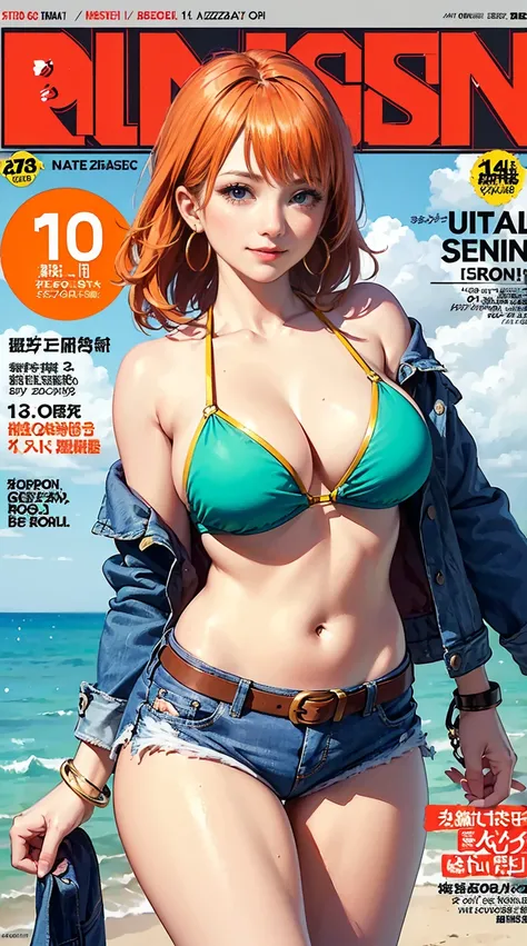 (masterpiece:1.4, best quality:1.4), illustrations, (solo:1.2), (original), (very detailed wallpaper), photographic reality, (ultra detailed:1.4), (super complex details), ((Magazine cover-style:1.4)nami (one piece), 1girl, bangle, bangs, bare shoulders, b...