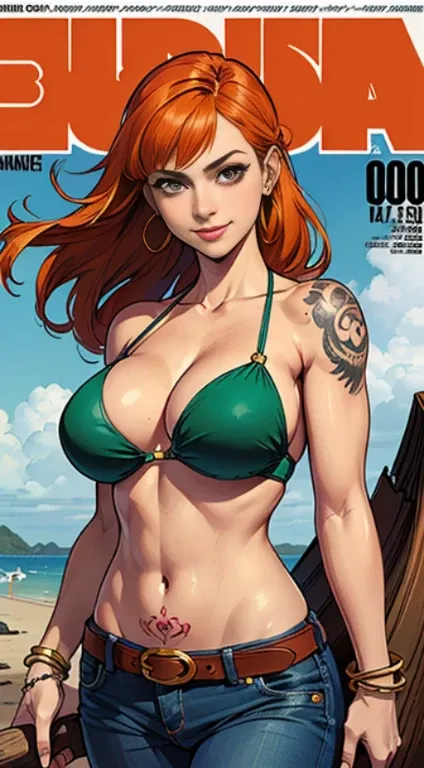 (masterpiece:1.4, best quality:1.4), illustrations, (solo:1.2), (original), (very detailed wallpaper), photographic reality, (ultra detailed:1.4), (super complex details), ((Magazine cover-style:1.4)nami (one piece), 1girl, bangle, bangs, bare shoulders, b...