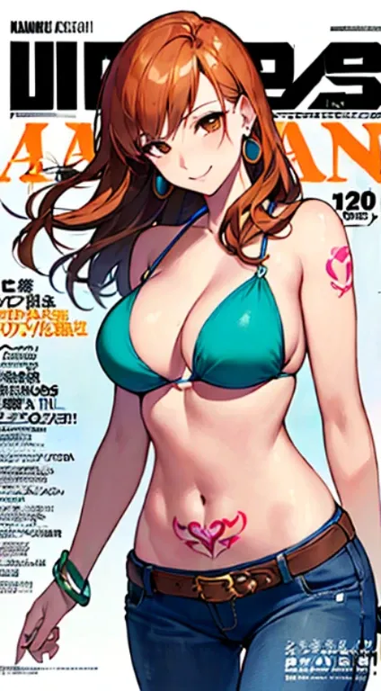 (masterpiece:1.4, best quality:1.4), illustrations, (solo:1.2), (original), (very detailed wallpaper), photographic reality, (ultra detailed:1.4), (super complex details), ((Magazine cover-style:1.4)nami (one piece), 1girl, bangle, bangs, bare shoulders, b...