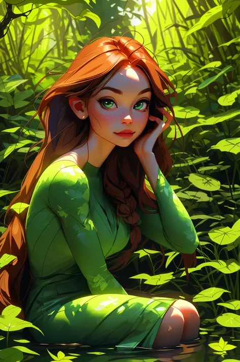 poison ivy, siting on water, the two brown braids, water fall background, forest back ground, live plants in back ground,8k, high detailed body, high detailed face, realistic , random, legendary , sun shadow, movie lightning, 8k, RAW photo, best quality, m...