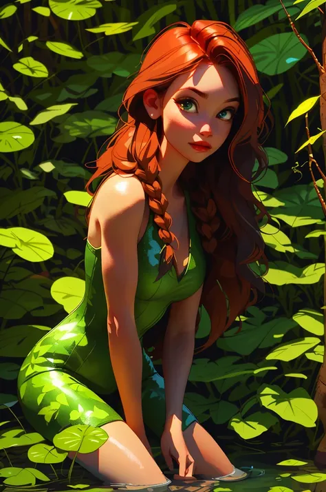 poison ivy, siting on water, the two brown braids, water fall background, forest back ground, live plants in back ground,8k, high detailed body, high detailed face, realistic , random, legendary , sun shadow, movie lightning, 8k, RAW photo, best quality, m...