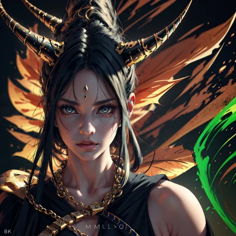 (detailed)A woman with demon horns on her head,olhos verdes extremamente detalhados (realistic, photorealistic:1.37),usando uma armadura preta,(best quality,4k,8k,highres,masterpiece:1.2),cabelos longos, ondulados e castanhos,vivid colors,dark atmosphere,p...