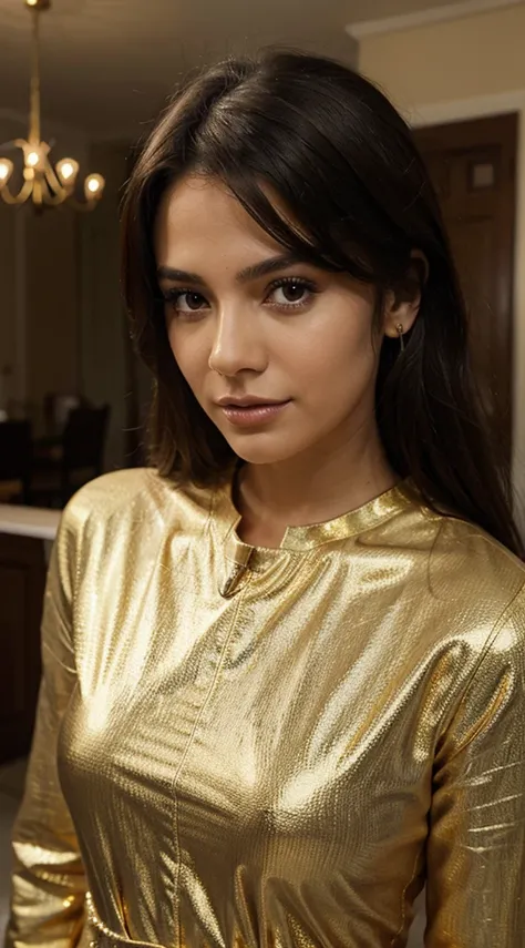 a close up of a woman in a gold dress posing for a picture, sexy look at the camera, sexy face, gorgeous latina face,  jaw dropping beauty