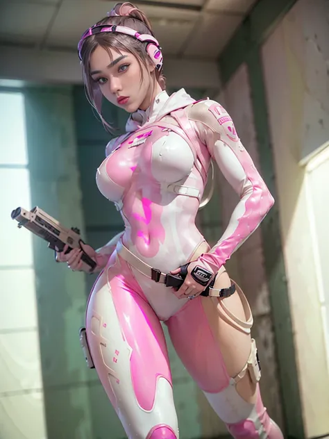 1 girl, bulletproof mask, (Luxury pink and white latex Bodysuit:1.4), high heeled boots, gloves, (((Full body))), ponytail hair, tactical gear, M16 assault rifle, Sharp focus, fishnets, femme fatale, hood,
((Best quality)), ((masterpiece)), (highly detaile...