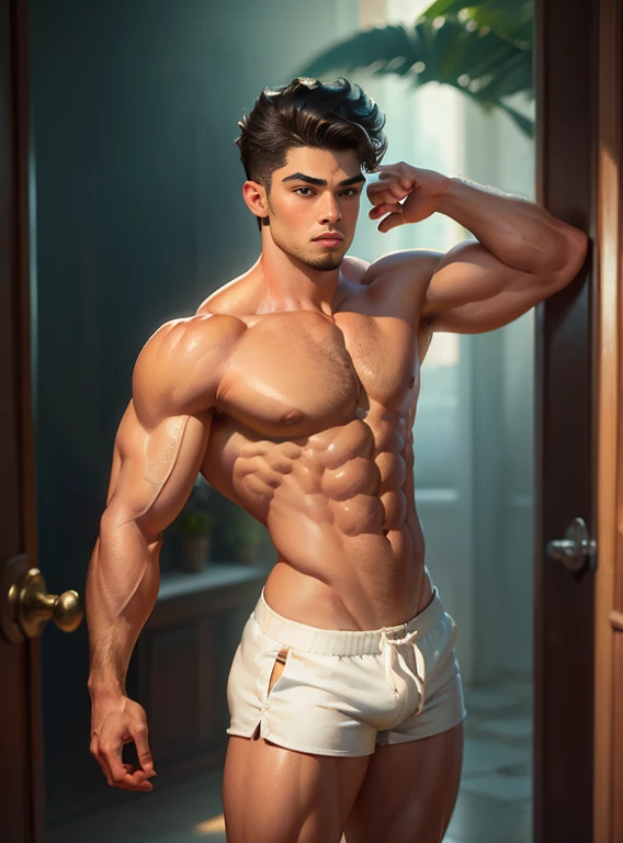 todo el cuerpo, Perfectcomposition, Symmetrical design, Perfect anatomy, artistic nudist, wearing small shorts, dramatic, natural  lighting, una joven hermosa, guapo, alto, pies perfectos, perfecto erigido ,  detailed realistic muscles, symmetrical body, p...