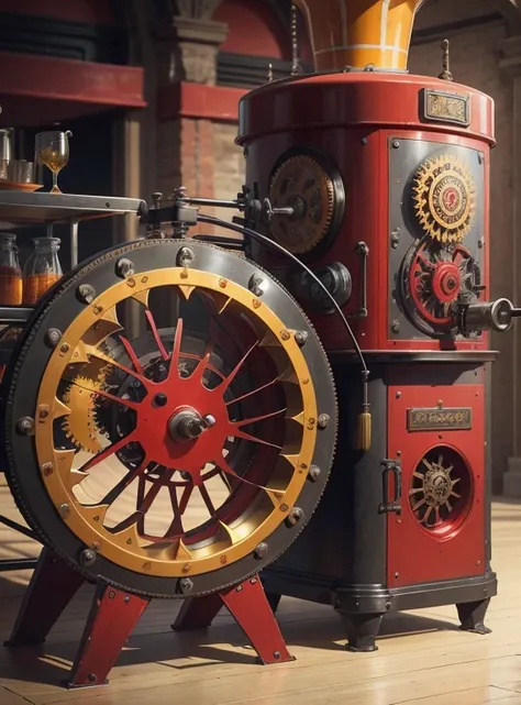 A steanpunk machine with gears in metallic red, metallic yellow, metallic orange, metallic blue and metallic green, perfectly aligned and working efficiently, the frame of the machine richly decorated with silver engravings of flowers and fruits, in the mo...