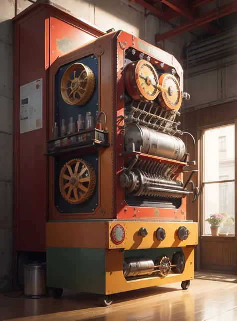 A steanpunk machine with gears in metallic red, metallic yellow, metallic orange, metallic blue and metallic green, perfectly aligned and working efficiently, the frame of the machine richly decorated with silver engravings of flowers and fruits, in the mo...