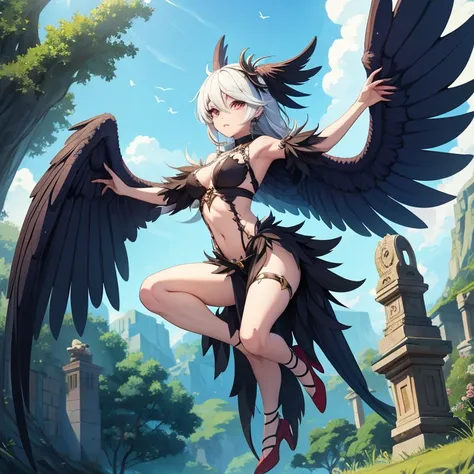 Anime style image of a harpy monster girl with long claws that is flying