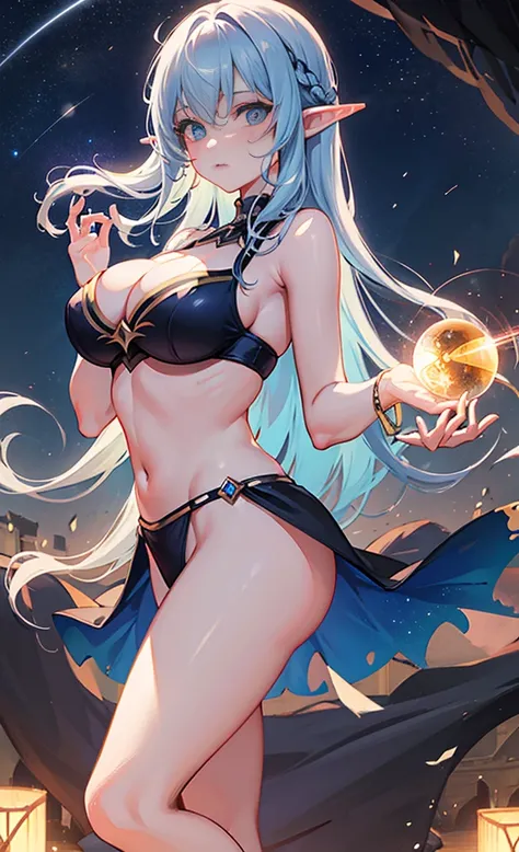 the hair，Nice face，blue bikini armor，Heterochromatic pupil，fully body photo，half moon，under moonlight，(tmasterpiece:1.1),(Best quality:1.1),(HighDynamicRange:1),ambient light,Super girl, mystical elf, looking into crystal ball, holding mysteries, showing a...