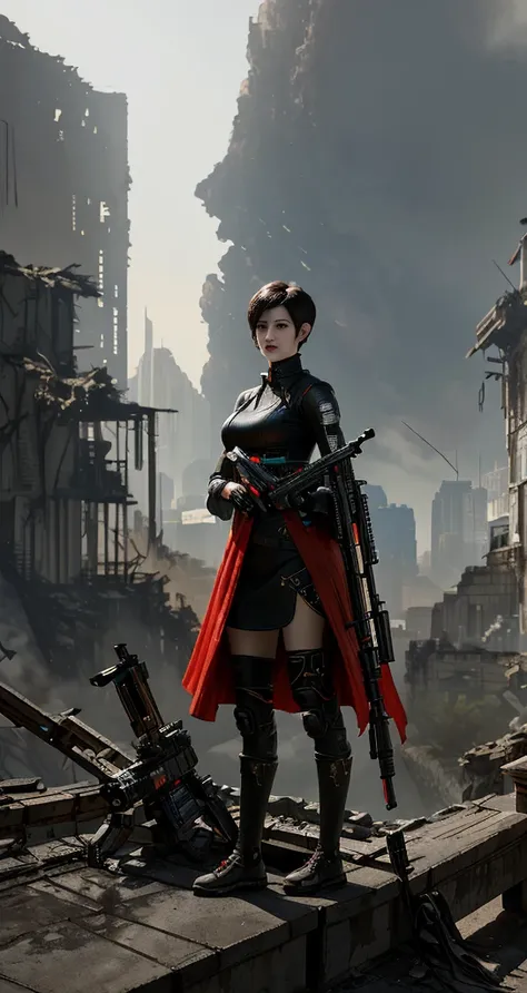 This is a CG Unity 8k wallpaper with ultra-detailed, high-resolution and top quality in cyberpunk style, dominated by black and red. In the picture, a white messy woman with short hair, a delicate face, wearing a steam mech, standing on the ruins, behind a...