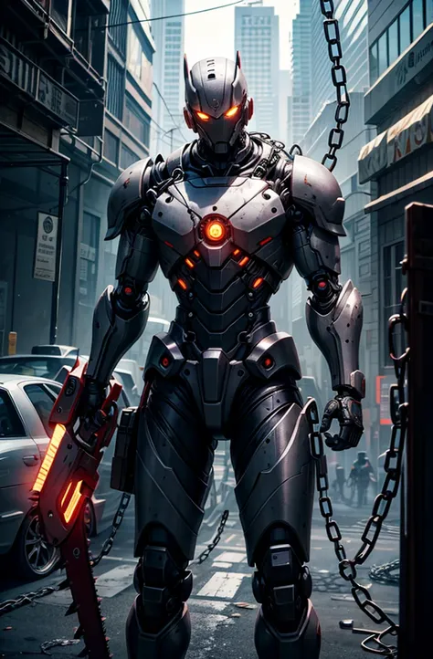 Dark_Fantasy,Cyberpunk,(chain saw,chain saw man,Red:1.1),1man,Mechanical marvel,Robotic presence,Cybernetic guardian,