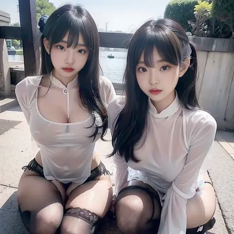 Best quality， 8K， tmasterpiece。Two beautiful women sitting on the street with a lot of people，multiple girls。Give a man oral。translucent body stockings。Surrounded by dancing girls。vacuum。cleanness。with an open crotch。double-ponytail。hair tying up。eyes look...