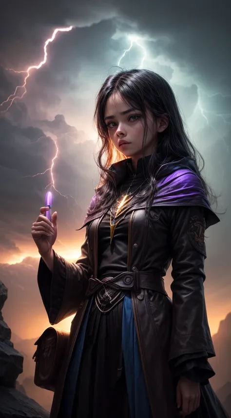 Wizard wizard with glow stick of power, purple color, e azul ciano. Lightning falls from the sky in a gloomy and dark setting. Existem arvones negras ao longe no fundo da imagem. Intensidade de cores, Ultra HD, Upscale.