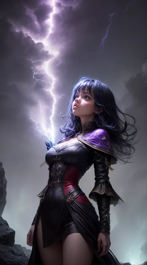 Wizard wizard with glow stick of power, purple color, e azul ciano. Lightning falls from the sky in a gloomy and dark setting. Existem arvones negras ao longe no fundo da imagem. Intensidade de cores, Ultra HD, Upscale.