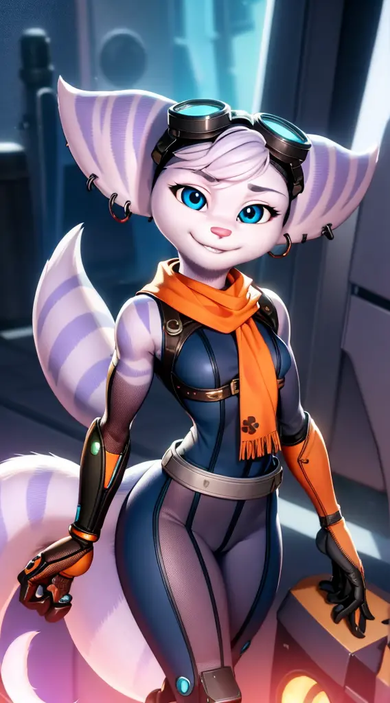 furry,rivetlombax,blue eyes,animal ears,earrings,goggles on head,bangs,mechanical arms,scarf,bodysuit,belt,tail,forest,smile,