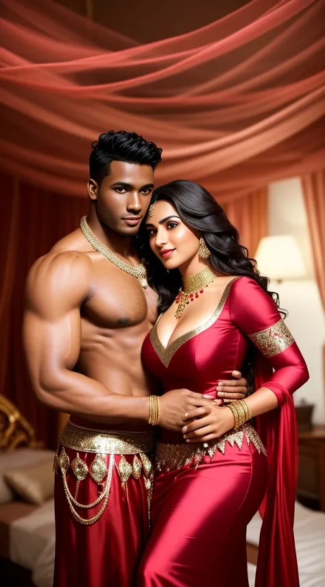 1 muscular very hary, handsome and attractive African man not wearing any shirt with sexy Indian married woman bit chubby wearing a Indian red ridal dress lengha cholli with gold jewellery and red bangles. The woman is on the left side of the man. They are...