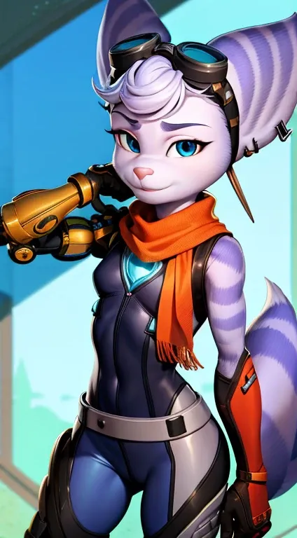 furry,rivetlombax,blue eyes,animal ears,earrings,goggles on head,bangs,mechanical arms,scarf,bodysuit,belt,tail,forest,smile,