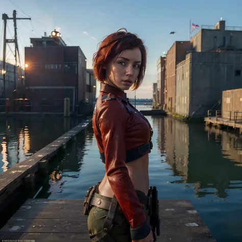 (best quality,high resolution,masterpiece:1.4), ultra-detailed, hyper-detailed, Weapons test site on an empty waterfront dock, 1 young woman, short red hair, soldier uniform, very serious expression, concept art, realistic lighting, vivid colors