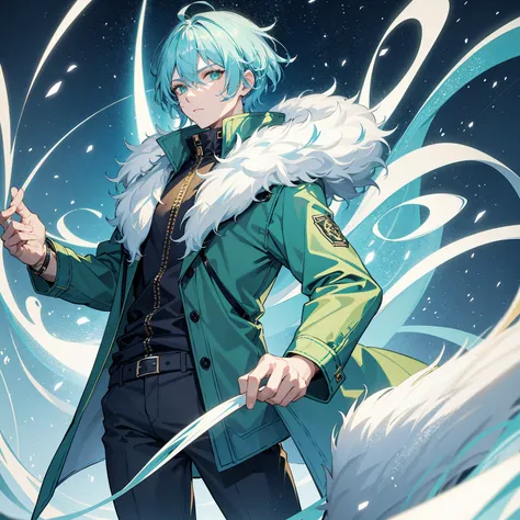 1 man,light blue hair,green golden eyes,wearing winter a shirt,pants,wearing a fur jacket