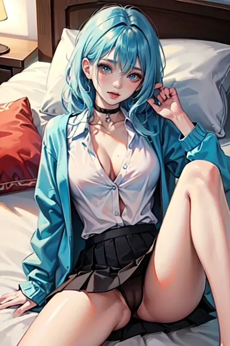 masutepiece , 1girl in ,   Background  , light blue hair , hair between eye , sleepy eye , sleepy  , Long hair , Choker , See-through shirt , Buttoned shirt, Open jacket , Nipple licking、hair messy , medium breasts⁩ , Spread your legs wide to the left and ...