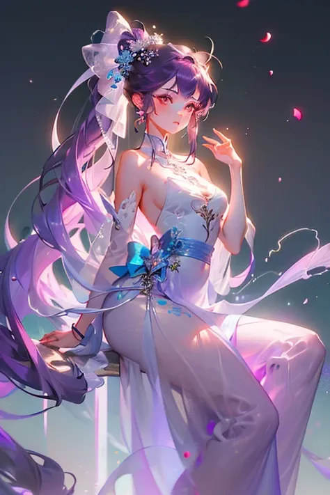 ((Masterpiece, Best Quality)), (Negative Space: 1.2), (1 Girl, Solo: 1.4), Petals, Pink Eyes, ((Long hair)), Purple Hair, High Ponytail, Liquid Hair, Flowers, Dragon Background, ,mlrdjlock, background, foreground, depth of field, 1girl, bow, dress, female ...