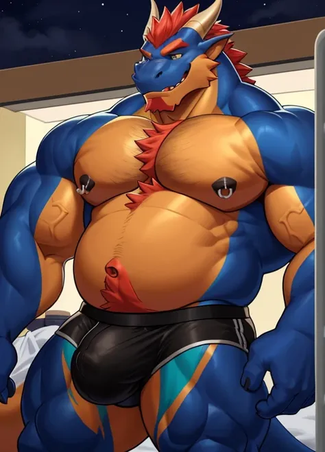 anthro, male, 1boy, solo focus, dragon, college dorm, night, dim, detailed eyes, detailed speedo, detailed clothing, bare chest, big pecs, huge belly, detailed nipple piercings, detailed nose piercing, big underwear bulge, hairy, hand on bulge