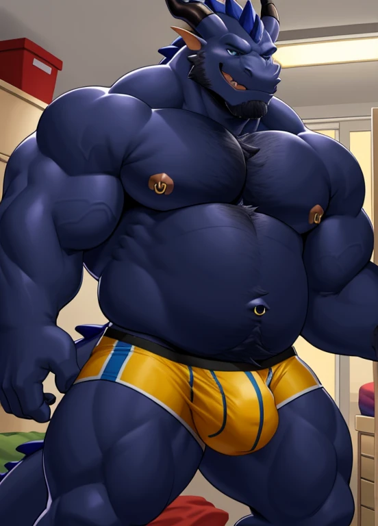 anthro, male, 1boy, solo focus, dragon, college dorm, night, dim, detailed eyes, detailed speedo, detailed clothing, bare chest, big pecs, huge belly, detailed nipple piercings, detailed nose piercing, big underwear bulge, hairy, hand on bulge