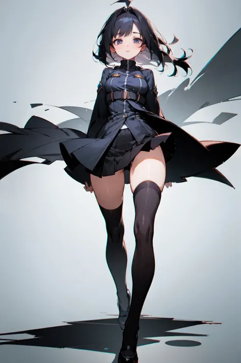 1girl, bi-color split hair, dress, short skirt, thigh highs, thick thighs, standing, static pose