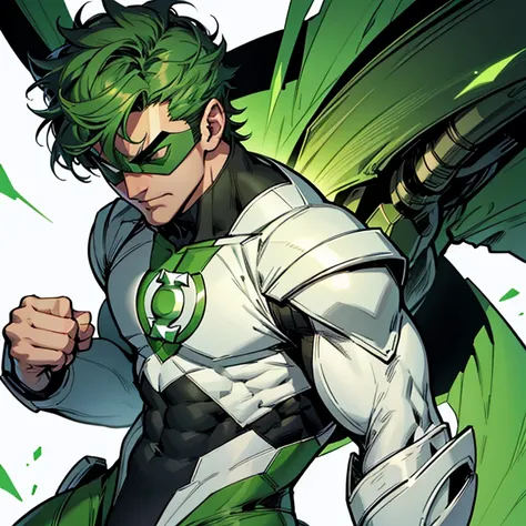 Green lantern, dc comics, green eyemask, white grove, black bodysuit, green armor, green armor, wears a green ring on the middle finger of his right hand.