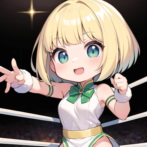 Chibi、cute female professional wrestler、a blond、bob cuts、White costume、 Leprechaun