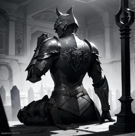 Black armor、armor, European armor, Male Focus, Sword and shield, knight, monochromes, helmet weapon, sitting on lap, (graveyard)
BREAK
greyscale, Full body, (Back view:1.3), Solo,
BREAK
absurdres, hight resolution, ultra-detailliert, (1male people:1.3),
BR...