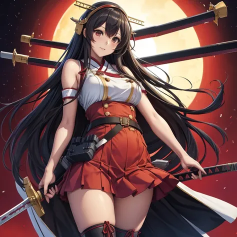 haruna(kancolle),Miko dress, red mini-skirt, long black boots,black long hair,rigging,has a sword at his waist.